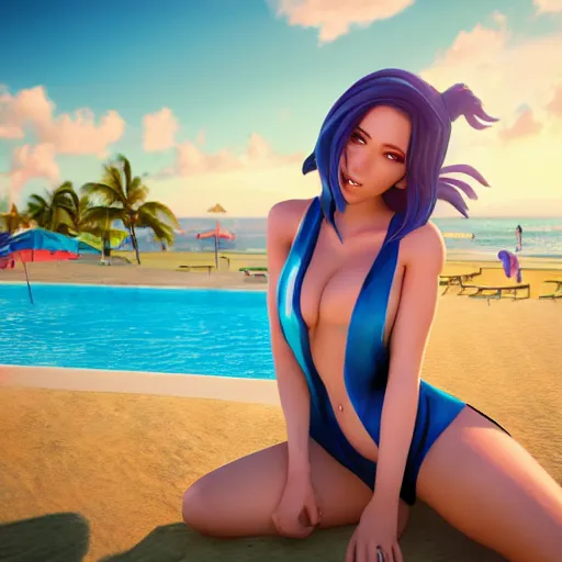 Prompt: beautiful render of pool party Caitlyn (league of legends) in hawaii beach, centered, uncropped, 3d, octane render, realistic, highly detailed, Disney