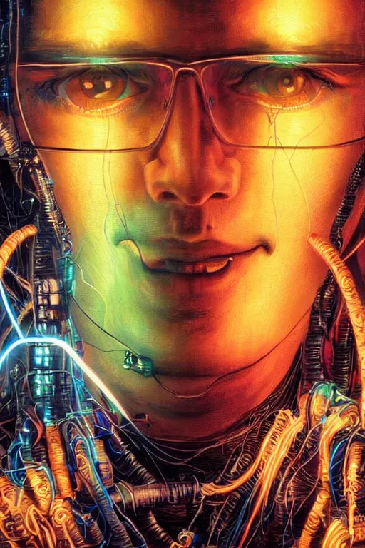 Image similar to stunning highly detailed portrait of a neuromancer hacker with cyber headgear surrounded by wires, neon colors, oil on canvas, strong lighting, by Greg Staples, by Glenn Fabry, by Josan Gonzalez, HD, 4K