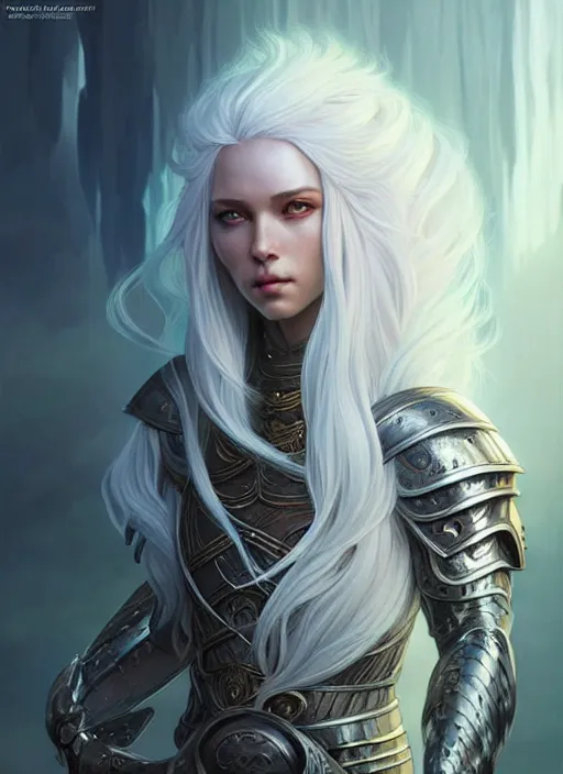 Image similar to light iridescent armor!!! long wild white hair!! covered chest!!! fantasy, d & d, intricate ornate details, digital painting, pretty face!!, symmetry, concept art, sharp focus, illustration, art by artgerm! greg rutkowski magali villeneuve wlop! ilya kuvshinov!!, octane render