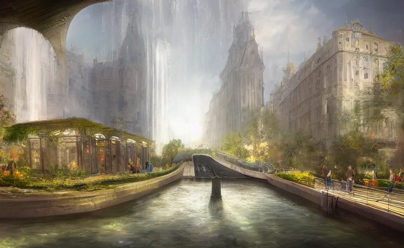 Image similar to An urban train rides inside of a waterway on a fantasy city, next to a fountain and a mystical palace. By Konstantin Razumov, Fractal flame, chiaroscuro, highly detailded