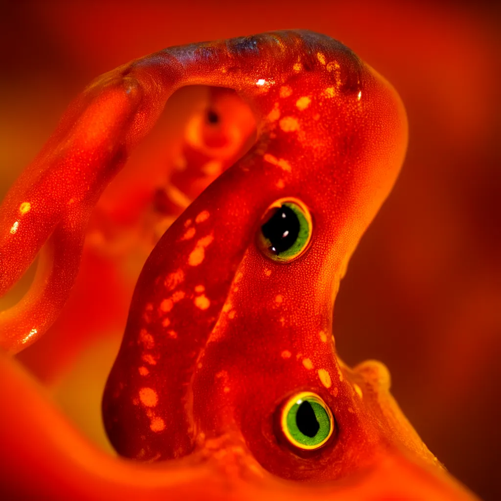 Image similar to fiery whimsical emotional eyes cephalopod, in a photorealistic macro photograph with shallow dof