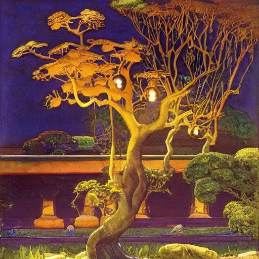 Image similar to Old African gardener cutting bonsai trees, isyllic Garden, by Annie Swynnerton and Nicholas Roerich and jean delville, glowing paper lanterns, strong dramatic cinematic lighting , ornate tiled architecture, lost civilizations, smooth, sharp focus, extremely detailed