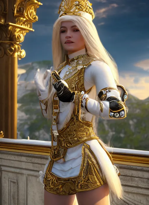 Image similar to a photo of 8 k ultra realistic humanoid princess with long blonde hair, standing next to a beautiful view, ornate white officers outfit with gold embellishments, cinematic lighting, trending on artstation, 4 k, hyperrealistic, focused, extreme details, unreal engine 5, cinematic, masterpiece