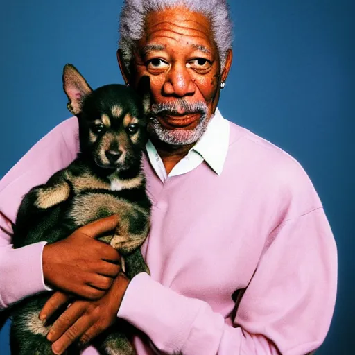 Image similar to Morgan Freeman holding a puppy for a 1990s sitcom tv show, Studio Photograph, portrait C 12.0