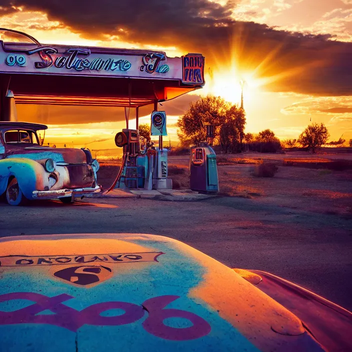 Image similar to a sunset light landscape with historical route 6 6, lots of sparkling details and sun ray ’ s, blinding backlight, smoke, volumetric lighting, colorful, octane, 3 5 mm, abandoned gas station, old rusty pickup - truck, beautiful epic colored reflections, very colorful heavenly, softlight