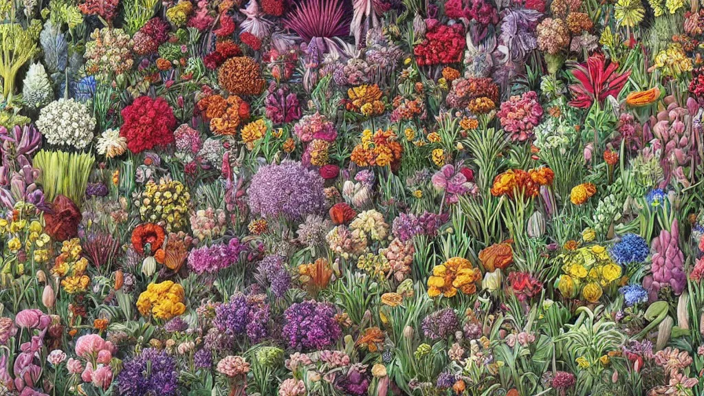 Image similar to highly detailed render of all the known species of plants and flowers by juan gatti, by moebius!, by oliver vernon