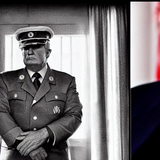 Prompt: a medium - shot still of donald trump in dictator gear looking into the distance, natural light, soviet propaganda style, photography, photorealistic