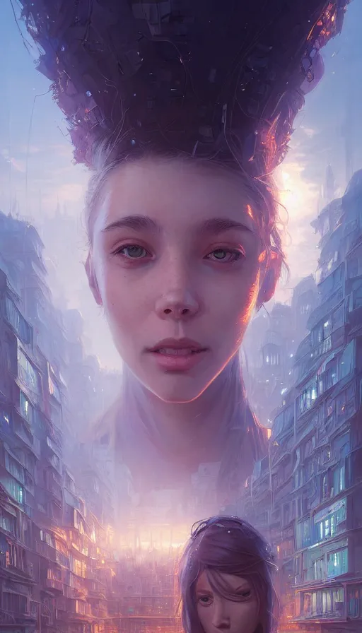 Image similar to highly detailed portrait of a female face made of cityscapes, stephen bliss, unreal engine, fantasy art by greg rutkowski, loish, rhads, ferdinand knab, makoto shinkai and lois van baarle, ilya kuvshinov, rossdraws, tom bagshaw, global illumination, radiant light, detailed and intricate environment