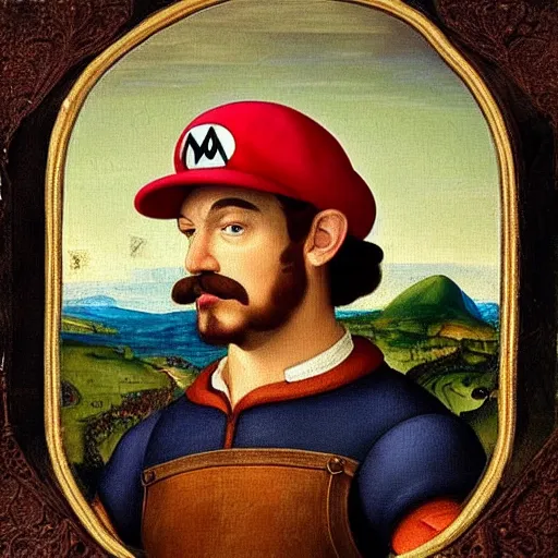 Image similar to a beautiful renaissance painted portrait of super mario