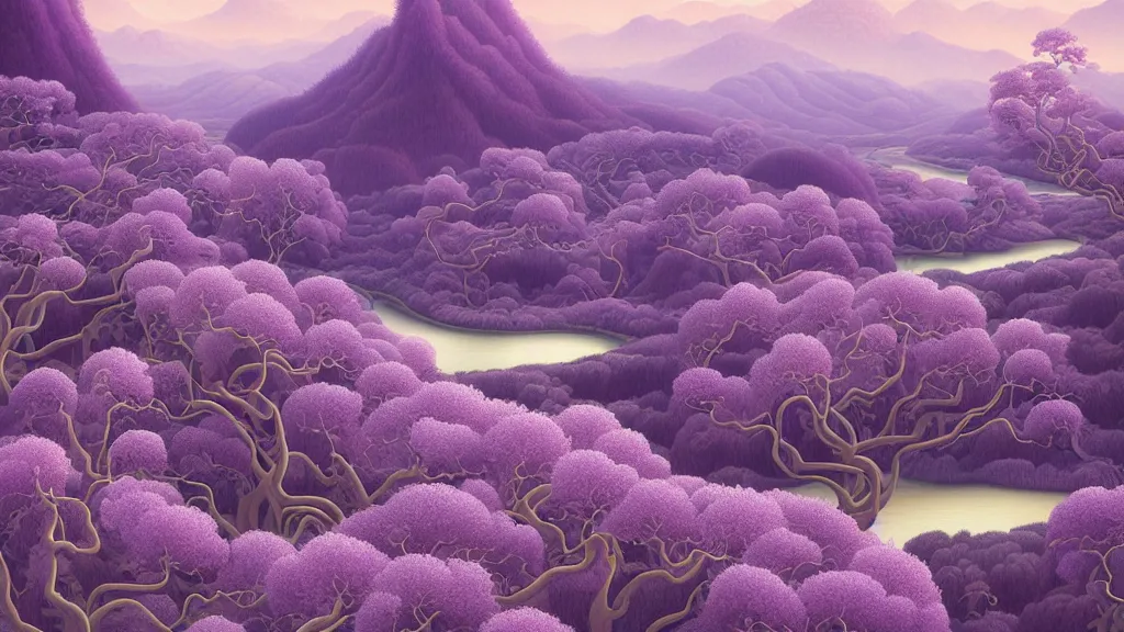 Image similar to digital painting of a lush sinuous river valley by gerald brom. purple river. cold icy day. chiho aoshima. wisteria. digital render. detailed. beautiful landscape.