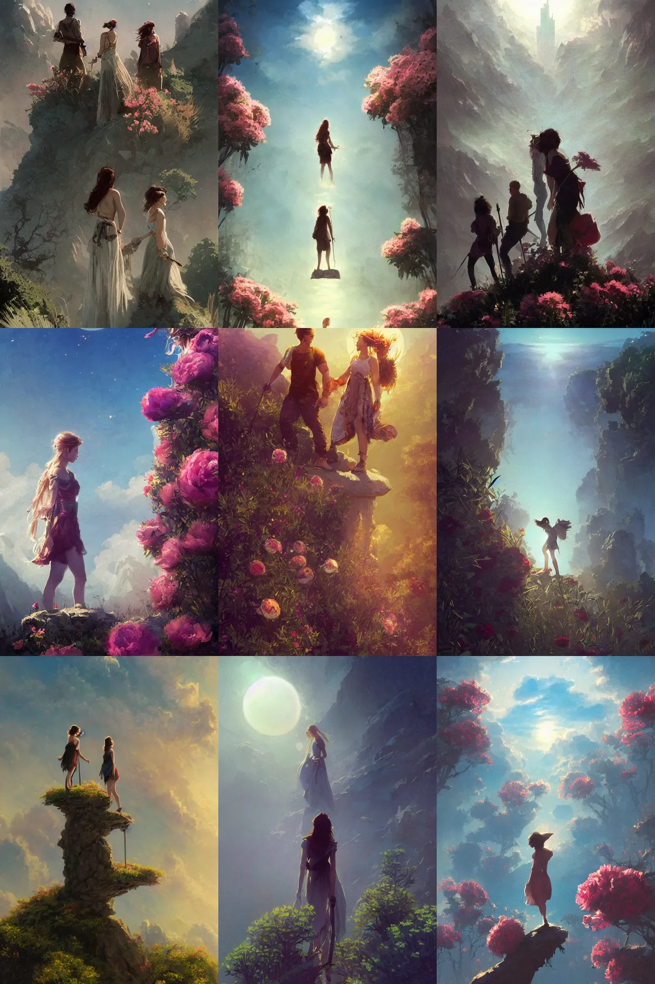 Prompt: atop a skyscraper a cinematic boy girl traditional romance moment of a group of university friends hiking wearing boho clothing and peonies, standing silhouette against the sun, Minimal Movie Posters, fantasy magic, art masterpiece by Greg Rutkowski, Gaston Bussiere, craig mullins, #wip #illustration #illustradraw #illustrator #vector #colors #colorschemes