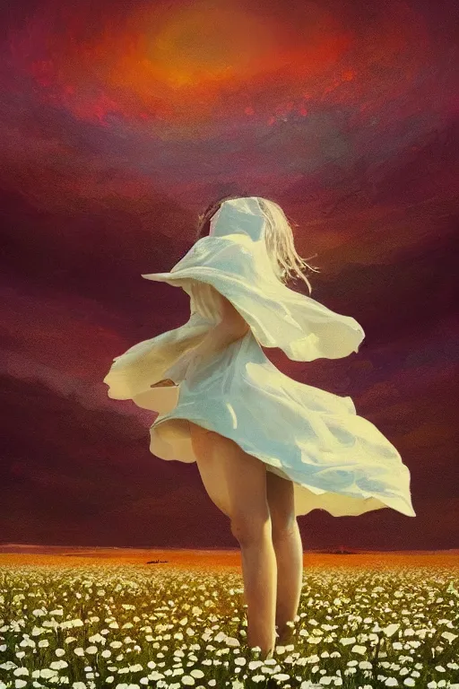Image similar to giant white daisies flower as head, girl dancing in a flower field, surreal photography, sunrise, dramatic light, impressionist painting, colorful clouds, digital painting, artstation, simon stalenhag