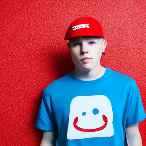 Image similar to a portrait of an average white teenage boy with blue colored hair, wearing a red backwards cap, white t - shirt with a red no symbol on it, blue long pants and red shoes, holding a microphone, studio lighting, photoshoot, grey background