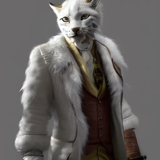 Image similar to white anthropomorphic lynx cat in victorian white man suit and white fur coat, full body by craig mullins and noriyoshi ohrai, unreal engine character, furry art, steampunk fantasy style, 4 k, trending on artstation