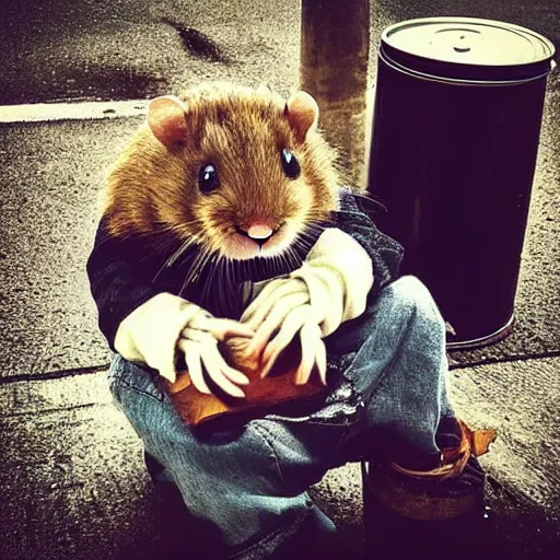 Image similar to “ hamster dressed as a homeless person sitting at an intersection with arms stretched out holding a tin can ”