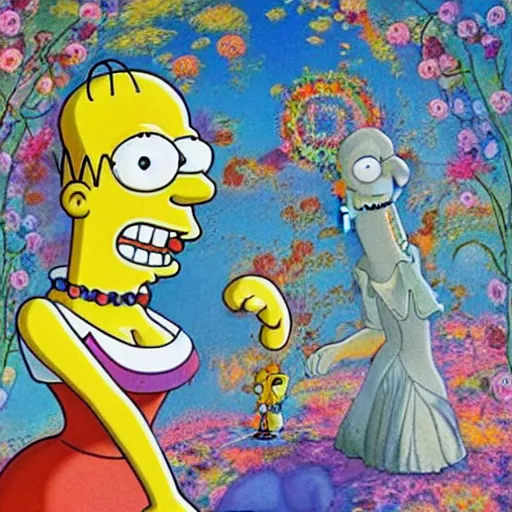 Prompt: homer simpson in alice in wonderland tripping on lsd, intricate detail, painting, royo, frazetta, whealan,