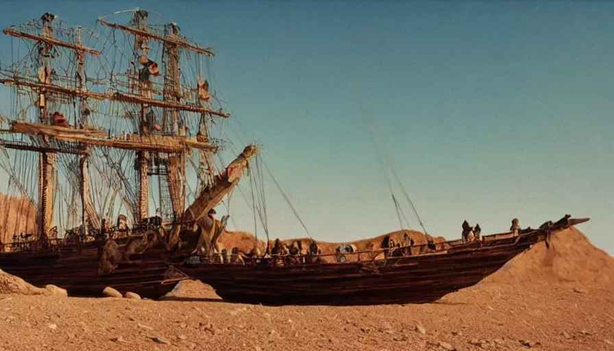 Prompt: movie still by alejandro jodorowsky of a pirate ship in the desert, cinestill 8 0 0 t eastmancolor technicolor, high quality, very detailed, heavy grain, fine facial features, 8 k, octane render