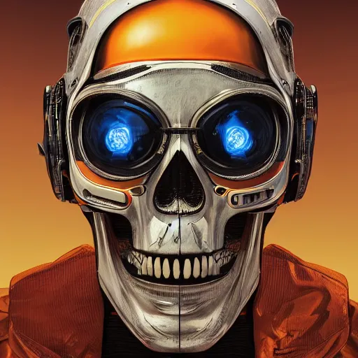 Prompt: a portrait of an cyborg vintage skull no teeth in an orange racing helmet by sandra chevrier, detailed render, epic composition, cybernetics, 4 k realistic, cryengine, realistic shaded lighting, sharp focus, masterpiece, by matteo scalera, gary montalbano, peter elson in the style of the tokyo ghost comic