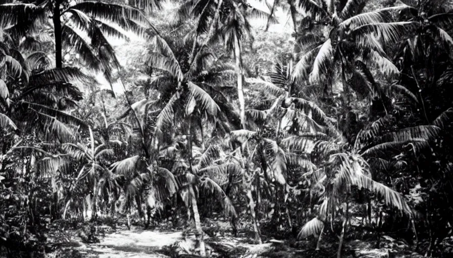 Image similar to lost film footage of a sacred object in the middle of the ( ( ( ( ( ( tropical jungle ) ) ) ) ) ) / film still / cinematic / enhanced / 1 9 2 0 s / black and white / grain