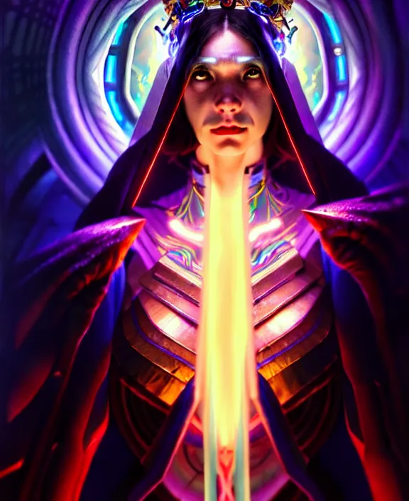 Image similar to a whirlwind of souls rushing inside the metaverse, half body, glowin eyes, tiara with sapphire, pharaoh, android, cyberpunk, d & d, fantasy, intricate, elegant, highly detailed, colorful, vivid color, digital painting, artstation, concept art, art by artgerm and greg rutkowski and alphonse mucha and ruan jia