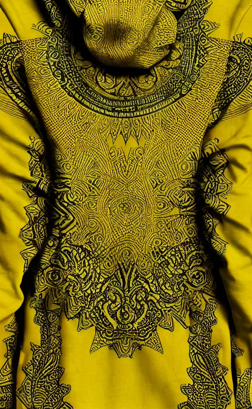 Image similar to hoodie, batik pattern, yellow, green, trendsetter, fashion of the year fiction, stability, intricate, elegant, 8 k, uhd, justify, artstation, concept art, matte, sharp focus, illustration, consistent, highly detailed object content, proportional object content