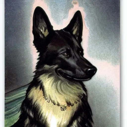 Image similar to a black german shepherd mix dog with pointed ears and a tiny white tail tip by alphonse mucha