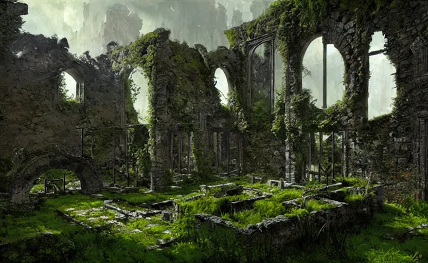 Image similar to ruins of an old castle covered by plant and moss by greg ruthkowski and craig mullins and caspar david friedrich