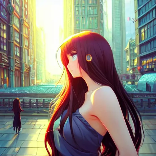 Image similar to a beautiful girl with long dark hair, city background, intricate, highly detailed, digital painting, artstation, official media, anime key visual, concept art, rich vivid colors, ambient lighting, sharp focus, illustration, art by Artgerm, Makoto Shinkai, Ilya Kuvshinov, Lois Van Baarle, and Rossdraws