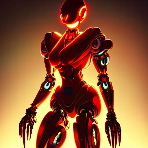 Image similar to a full body character design by artgerm, cushart krenz, ross tran, alphonse mucha. fiery flaming faceless humanoid robot mech giant!! bold outline sharp edges. ultra clear detailed. 8 k. elegant, neon colors, dynamic angle, intricate complexity, epic composition, action pose, cinematic lighting masterpiece