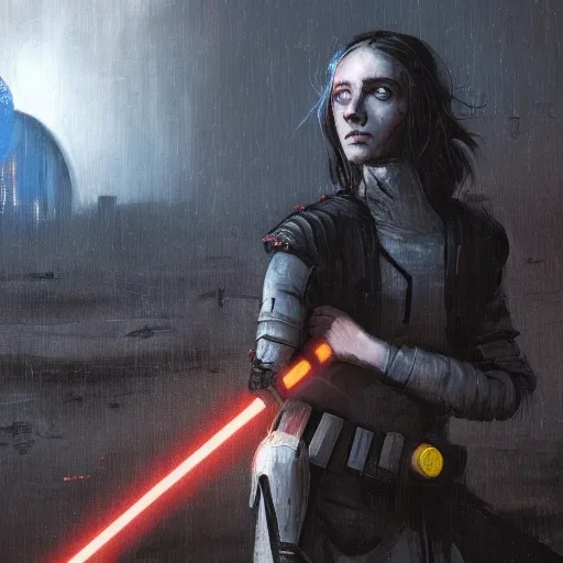 Image similar to A portrait of a blue eye girl, ruins of a destroyed city and a yellow-red moon on background, techwear, Sith, battle worn, night, rainy atmosphere, natural volumetric light, intricate, highly detailed, digital painting, concept art, sharp focus, illustration, Star Wars art, art by greg rutkowski, matte painting, trending on artstation