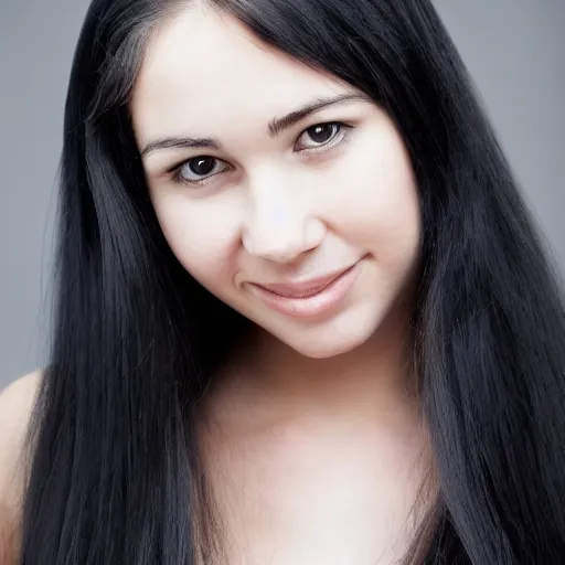 Image similar to young woman with long messy black hair, slightly smiling, 1 3 5 mm nikon portrait