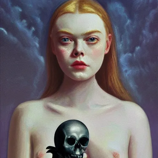 Image similar to obese and ugly Elle Fanning in a black robe holding a skull on the beach, head and shoulders portrait, stormy weather, extremely detailed masterpiece, Roger Deakin’s cinematography, oil on canvas, Edward Hopper,