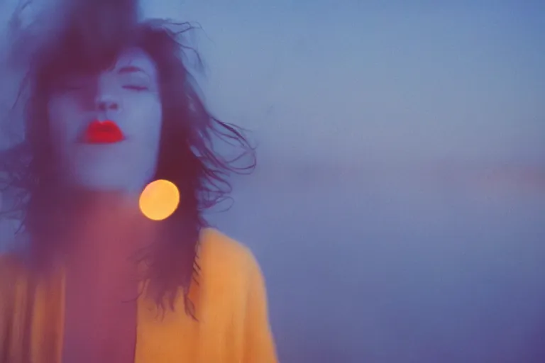 Prompt: film photography, gonzo, woman\'s mouth with smeared lipstick in motion blur in blue fog, golden hour, 35mm, motion blur