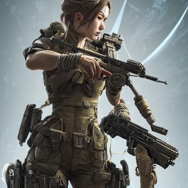 Image similar to the portrait of lawful neutral female futuristic marine sniper as absurdly beautiful, gorgeous, elegant, young gravure idol, an ultrafine hyperdetailed illustration by kim jung gi, irakli nadar, intricate linework, bright colors, octopath traveler, final fantasy, unreal engine 5 highly rendered, global illumination, radiant light, detailed and intricate environment