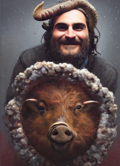 Prompt: a hyper detailed painting of joaquin phoenix surrounded by animals, cow horns, pig nose, sheep wool, chicken feather, horror, by anna podedworna, by miklos ligeti, by diego maricato, by taran fiddler, by antonino truisi, by chris reddie, by jinsung lim, trending on artstation