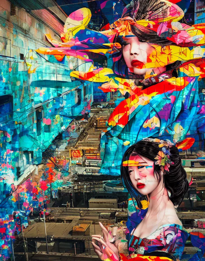 Image similar to semi semi realistic digital painting!! beautiful geisha flying over a colorful subway train yard, grunge, graffiti, tags, dramatic, xray melting colors!!, long lens, shallow depth of field, bokeh, anamorphic lens flare, 8 k, hyper detailed, 3 5 mm film grain