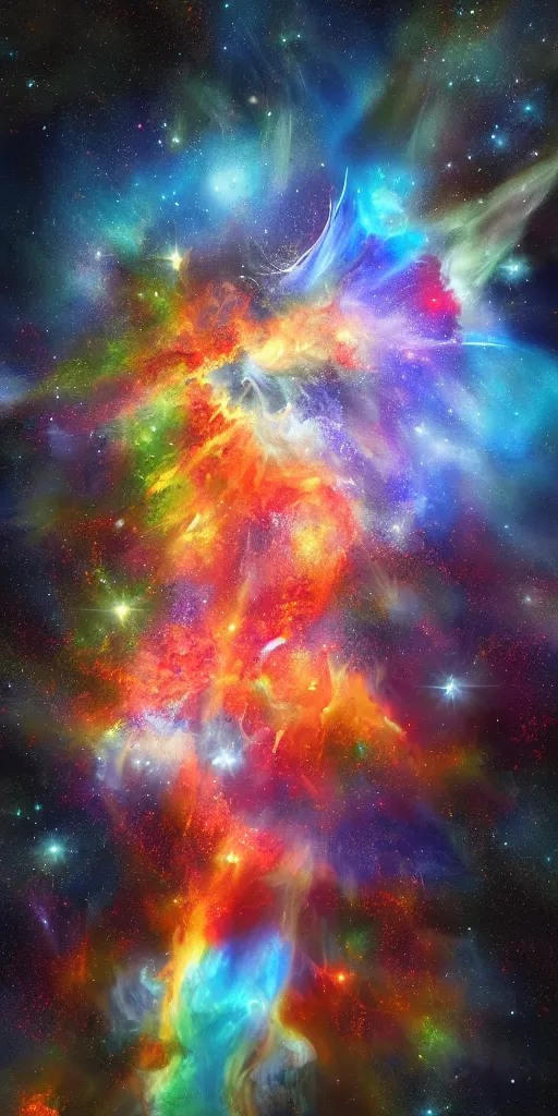 Image similar to an old painting of a man decipted as a nebula explosion, digital painting,