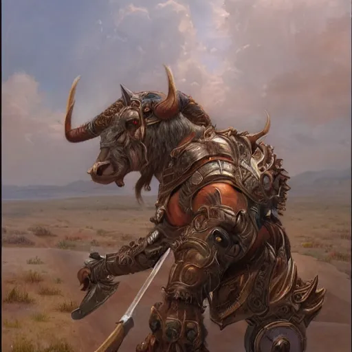 Image similar to huge smug minotaur wielding a greataxe, realistic portrait art by donato giancola and greg rutkowski, digital art, trending on artstation, symmetry!!