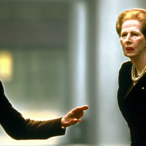 Prompt: A movie still of Margaret Thatcher as Neo in The Matrix