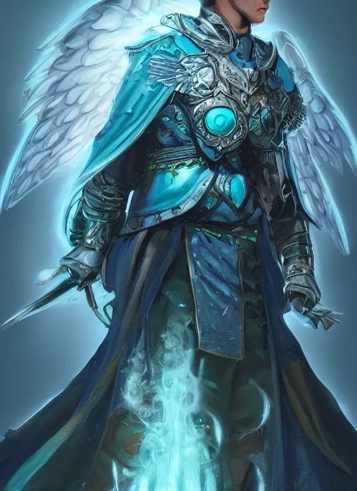 Image similar to An epic fantastic realism comic book style portrait painting of a male hexblade warlock aasimar, beautiful angel wings, teal energy surrounding body, silver hair, middle aged, Apex Legends Concept Art, unreal 5, DAZ, hyperrealistic, octane render, cosplay, RPG portrait, dynamic lighting