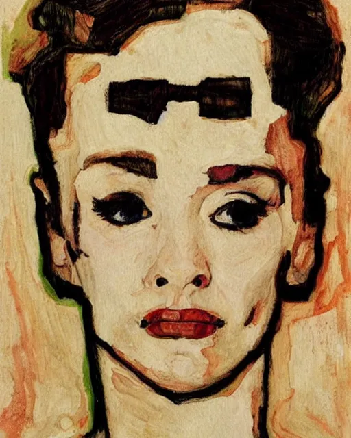 Image similar to portrait of audrey hepburn as an android by egon schiele in the style of greg rutkowski