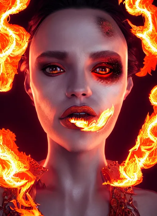 Prompt: hyperrealistic mixed media portrait of a beautiful evil female pyromancer, stunning 3d render inspired art by Mark Poole + perfect facial symmetry + dim volumetric lighting, ornate flowing robes, radiant fiery energy, swirling wispy smoke, 8k octane beautifully detailed render, post-processing, extremely hyperdetailed, intricate, epic composition, grim yet sparkling atmosphere, cinematic lighting + masterpiece, trending on artstation, Art Nouveau