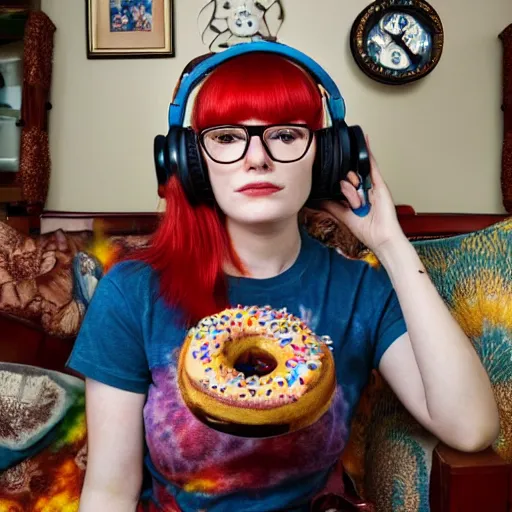 Prompt: a stunning hyper-detailed portrait photo of a bespectacled woman with long red hair and bangs, wearing a tie-dye t-shirt, wearing steampunk headphones and posing with her raccoons and parrots in an overstuffed easy chair in her sunlit living room, holding a coffee cup and a donut and smoking an elaborate hookah, perfect eyes, octane render, unreal engine, 85 mm lens,