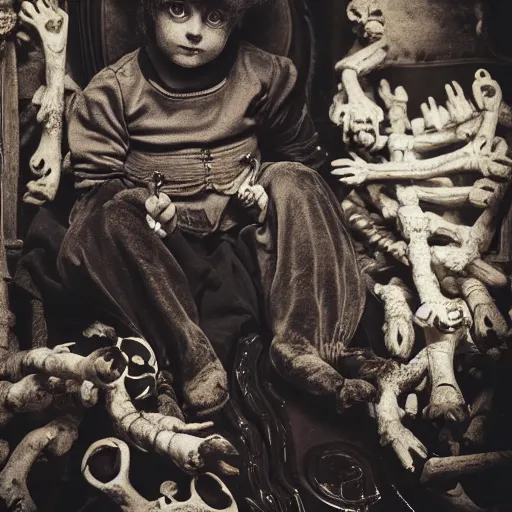 Prompt: a photo of young sad victorian gothic child with big eyes and wide grin sitting on a sofa of bones surrounded by a cyber futuristic cityscape made of human body parts, lighting, 5 0 mm, perfect faces, award winning phhotography