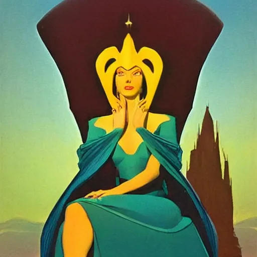 Image similar to an oil painting of a queen in a thierry mugler dress sitting on a throne, by bruce pennington, by ( ( ( eyvind earle ) ) ), nicholas roerich!!, by frank frazetta, by georgia o keeffe, by dean cornwell!!!