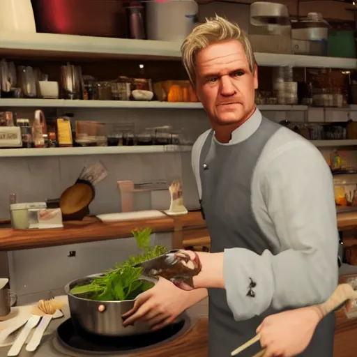 Prompt: GTA 5 photorealistic Gordon Ramsey cooking a unicorn in an intricate kitchen 4k