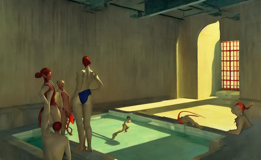 Image similar to Inside a greek dungeon with a big pool, very coherent, painted by Edward Hopper, Wayne Barlowe, painted by James Gilleard, airbrush, art by JamesJean