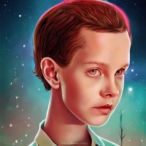 Image similar to potrait of Eleven from Stranger things by ((Anna Dittmann)),fantasy, digital