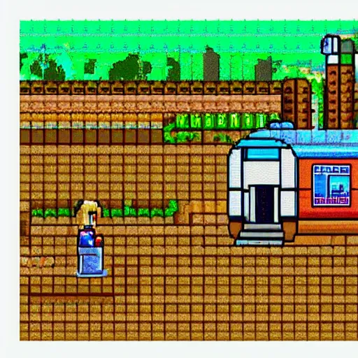 Prompt: a lazy miner, train station background, 8 - bit pixel art. cute. by studio ghibli
