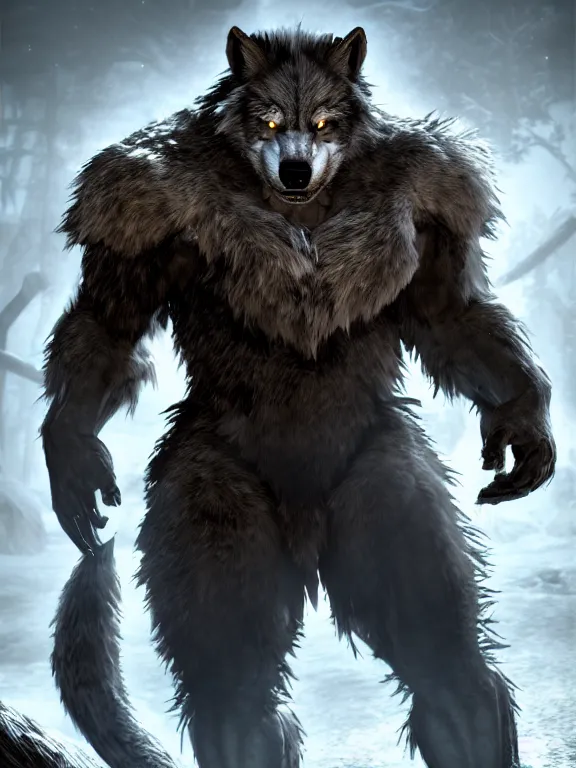 Image similar to cute handsome cuddly werewolf from van helsing unreal engine hyperreallistic render 8k character concept art masterpiece screenshot from the video game the Elder Scrolls V: Skyrim